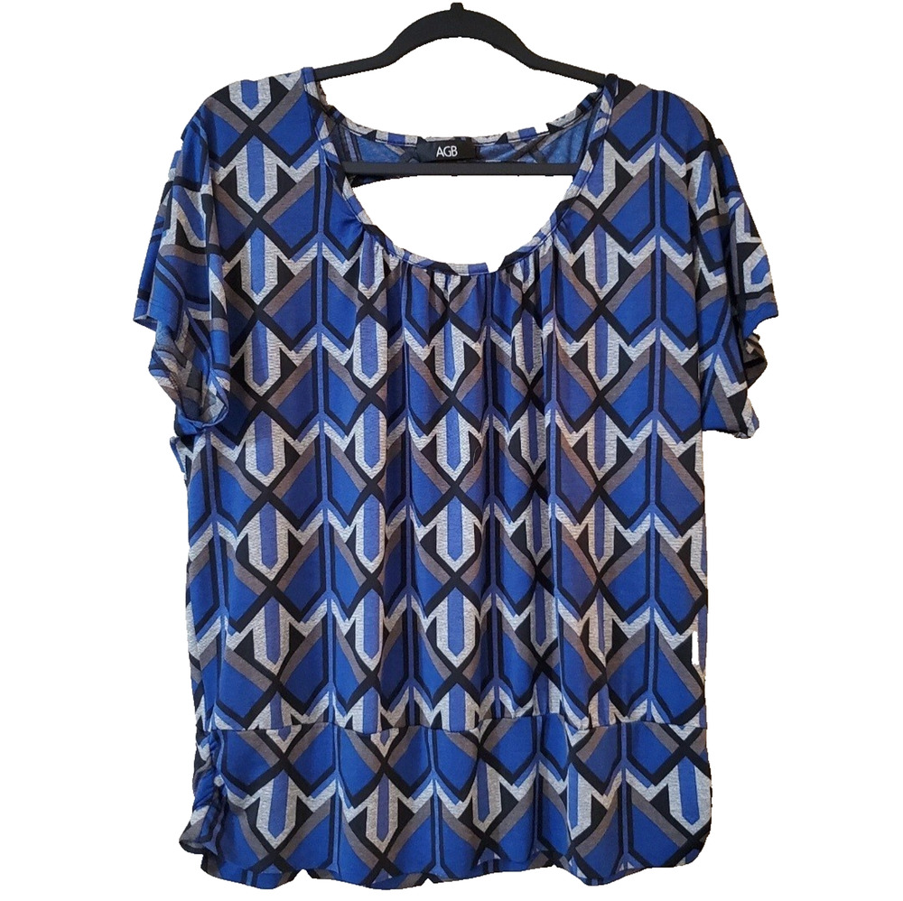 AGB Womens Pullover Top Size XL Blue Pleated Slinky Stretch Knit Keyhole Back